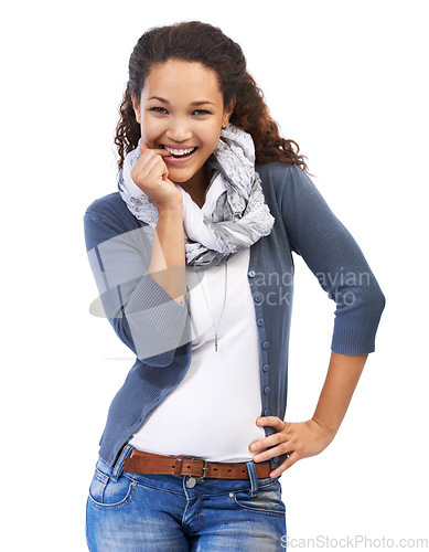 Image of Portrait, woman and bite finger in studio, flirt and playful attitude on white background space. Face, beautiful and young girl standing on mockup, cute and ready to have fun, idea and thinking