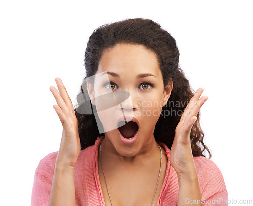 Image of Portrait, wow and amazed with a black woman in studio on a white background in surprised shock. Face, hands and wtf with an attractive young female feeling overwhelmed with a shocked expression