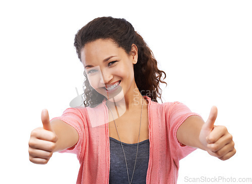 Image of Success, face portrait and thumbs up of woman in studio on a white background. Hands gesture, like emoji and happy female model with sign for motivation, support or approval, thank you or agreement.