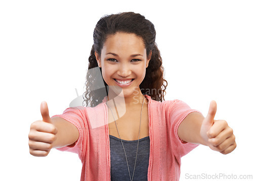 Image of Face portrait, success thumbs up and woman in studio on a white background. Hands gesture, like emoji and happy female model with sign for motivation, support and approval, thank you and agreement.