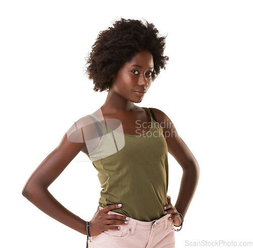 Image of Fashion, beauty and portrait of black woman on a white background with confidence, elegant and attitude. Urban clothes, fashion model and Jamaican girl in studio with trendy, casual and summer style