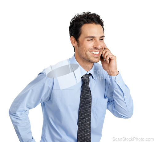 Image of Phone call, happy businessman and white background for communication, stock market trading and sales consulting. Male model, lawyer and mobile conversation for corporate deal, network contact or talk