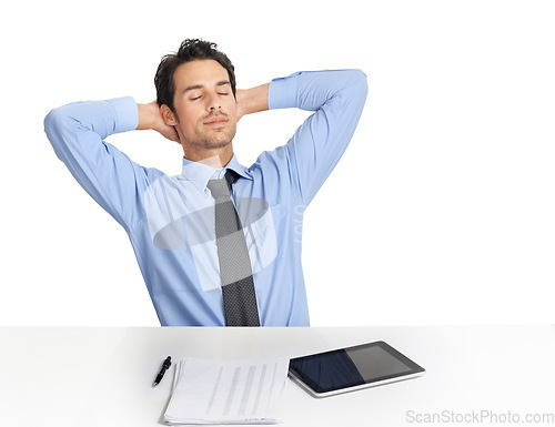 Image of Businessman, tablet and tired rest at desk in studio for lunch break, nap or daydream after accounting planning, finance analysis or sales growth. Man, relax and sleep for fintech startup strategy