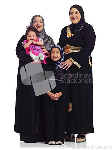 Image of Family portrait, muslim women and children in hijab for Islam religion love, eid and arab culture in studio. Arab mother, grandmother and kids together for support isolated on a white background