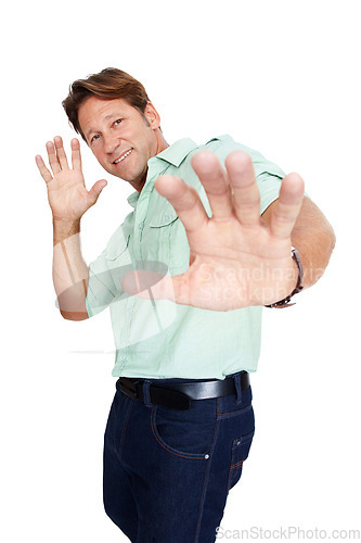 Image of Business man, hands and stop hand gesture portrait of a worker with white background. Isolated, studio and vertical employee with a happy smile of a corporate businessman ready for working and job