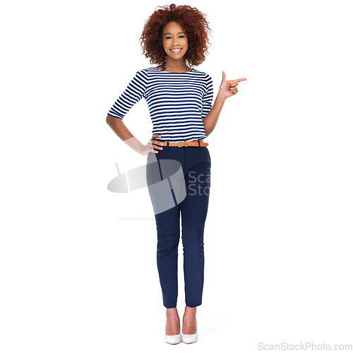 Image of Portrait, mockup and black woman, pointing or smile with girl isolated on white studio background. African American female, lady or gesture for product placement, marketing or advertising on backdrop