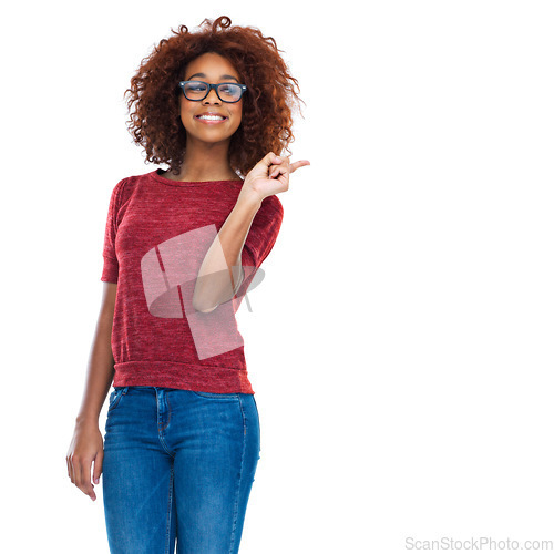 Image of Happy woman, portrait or pointing at promotion, marketing advertising space or product placement mock up. Smile, happy or excited model with showing hand gesture for fashion sales on white background