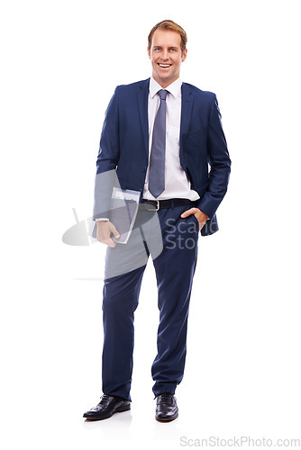 Image of Portrait, documents and vision with a business man in studio isolated on a white background for corporate success. Finance, mission and paperwork with a male employee working for future growth