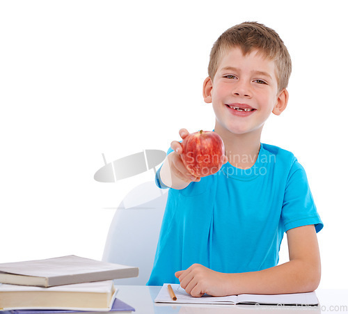 Image of Education books, child portrait and apple for health nutrition, studio learning or school math homework. Nutritionist food, student study snack and kid boy show fruit isolated on white background