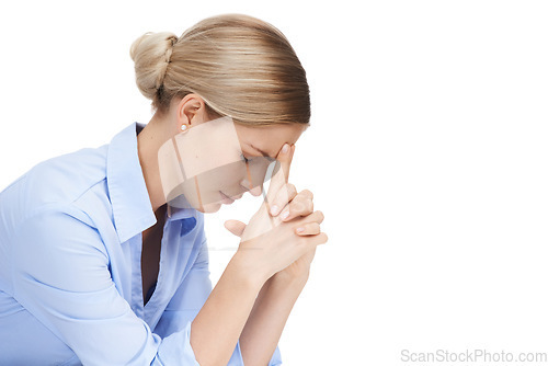 Image of Corporate worker, hands and stress on isolated white background in mental health, anxiety or risk burnout. Thinking business woman, worried and employee in company investment or financial tax crisis