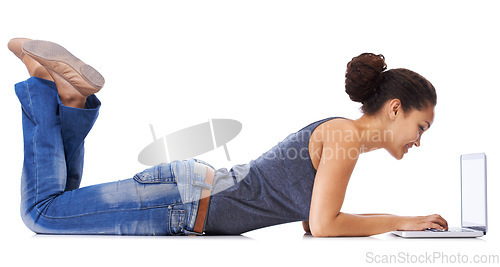Image of Black woman, laptop and student on floor for research, writing and email on white background. Education, study and woman learning, university and internet search, creative and isolated mockup space