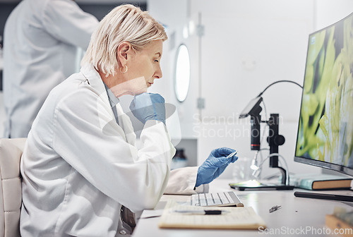 Image of Science, research and sample in lab with a doctor woman working on scientific analysis. Experiment, slide and a female scientist in laboratory with data, vision and future in medical innovation