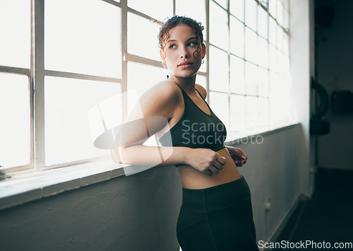 Image of Pregnancy fitness, thinking and woman at the gym, health training and wellness exercise. Workout, relax and pregnant athlete mother with an idea for healthy cardio for a strong body and baby