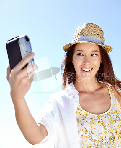 Image of Photographer, happy woman or camera selfie in holiday location, summer vacation or Germany sightseeing break. Smile, vlogger or travel blogger and photography equipment for tourist destination review