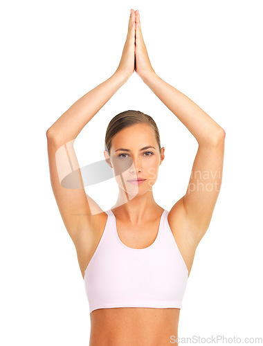 Image of Yoga, fitness and portrait of a woman training on an isolated white background in studio. Zen, spiritual and girl in a praying pilates pose for meditation, peace and calm on a studio background