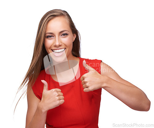 Image of Thumbs up, success and portrait of a woman with a smile isolated on a white background. Thank you, motivation and model with an emoji hand for winning, achievement and yes on a studio background