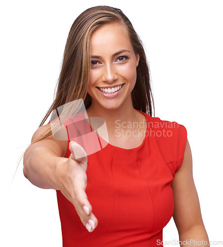 Image of Handshake, portrait and happy woman with a smile in a studio for greeting, agreement or welcoming. Happiness, friendly and female model with a shaking hands gesture isolated by a white background.