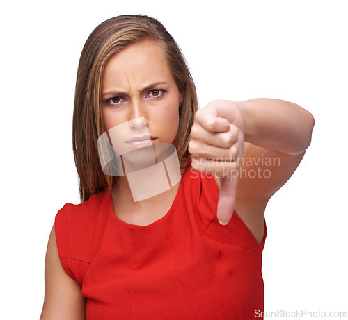 Image of Woman, hand and thumbs down to disagree, failure or disapproval against a white studio background. Portrait of a isolated female pointing thumb down for incorrect, wrong or fail on white background