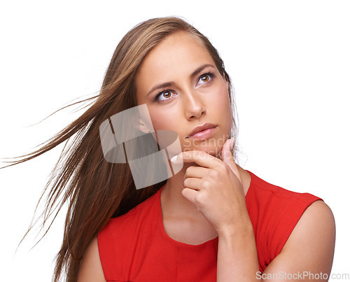 Image of Thinking, ideas and thoughtful woman in studio for planning, wondering and daydreaming. Pensive, ponder and female model from Brazil brainstorming or contemplating while isolated by white background.