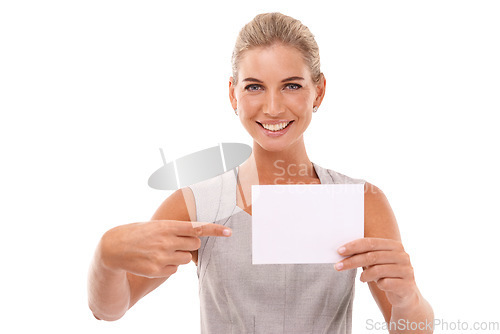 Image of Business, mockup and portrait of woman pointing, smile and marketing manager isolated on white studio background. Female entrepreneur, boss and employee with brand development, advertising and poster