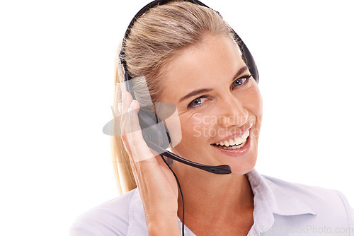 Image of Happy call center, face portrait and woman consulting on contact us CRM, telemarketing or customer support. Telecom microphone, customer service communication and consultant talk on white background