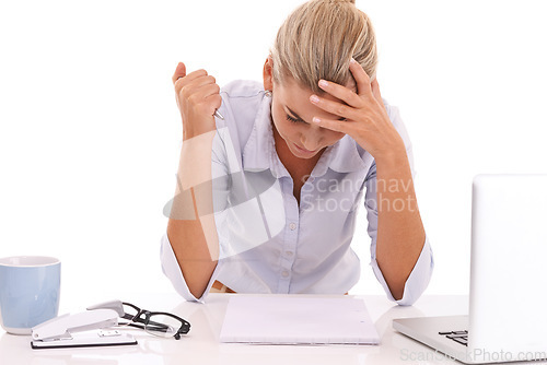 Image of Burnout, headache and business woman stress over bad crypto investment, stock market crash or finance loss. Accounting documents, administration problem crisis and sad accountant on white background