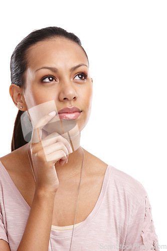 Image of Woman, face and thinking with inspiration and focus in studio, mindset and motivation isolated on white background. Reflection, solution and female vision with woman thinking of ideas and mockup