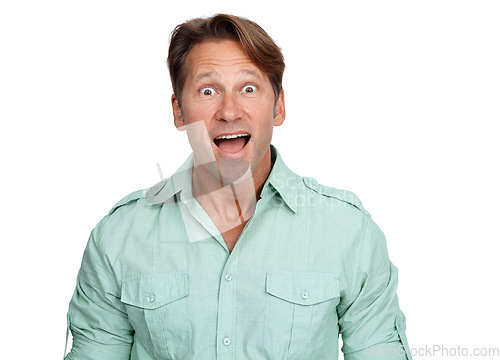 Image of Shock, portrait and amazed man in a studio with a omg, wow and wtf facial expression. Shocked, surprised and happy male model in casual outfit with surprise or good news isolated by white background.
