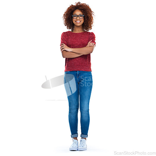 Image of Black woman, happy and model portrait of a person with casual fashion, glasses and white background. Isolated, natural hair and african woman arms cross with happiness and smiling with mock up space