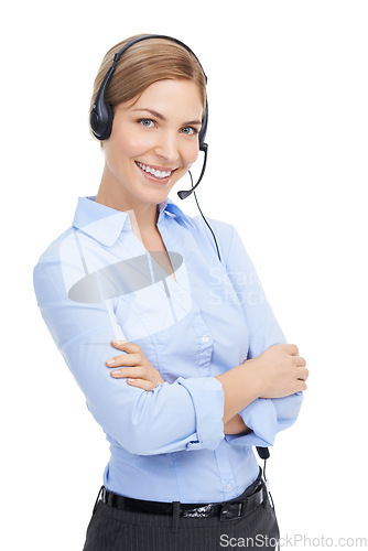 Image of Call center, portrait and woman in studio for telemarketing, contact us marketing or telecom. Proud woman consultant, customer support worker or callcenter employee smile on face on white background