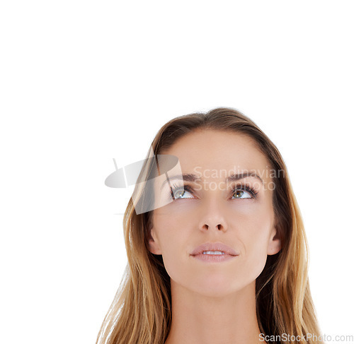 Image of Thinking, woman and model with idea, planning and thoughtful ideas with mock up. Young female face from Miami think alone and isolated with white background and mockup feeling curious with a plan