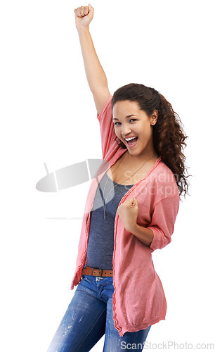 Image of Portrait, winner and success celebration of woman in studio isolated on a white background mock up. Winning, achievement and happy young female fist pump celebrating goals, targets or lottery victory
