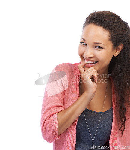 Image of Planning, idea and woman biting finger portrait with happy, aha and cheerful smile with mock up. Happiness of black woman with ideas, confidence and optimistic mindset in white background.