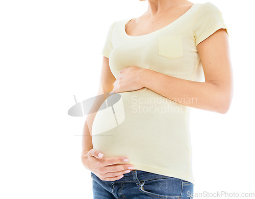 Image of Mom, pregnancy and woman touch her stomach with care, love and loving parenting. Mother hands, motherhood and mama hand holding her abdomen to show loving protect gesture for baby with mock up