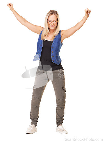 Image of Fashion, happy and model dancing in a studio with happiness in a casual, trendy and edgy outfit. Beauty, dance and woman having fun in cool, stylish and natural clothes moving by a white background.