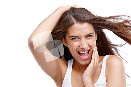 Image of Woman, happy with hair and beauty in portrait for hair care, cosmetics and freedom isolated on white background. Keratin treatment with excited, face and skincare with natural cosmetic care mockup