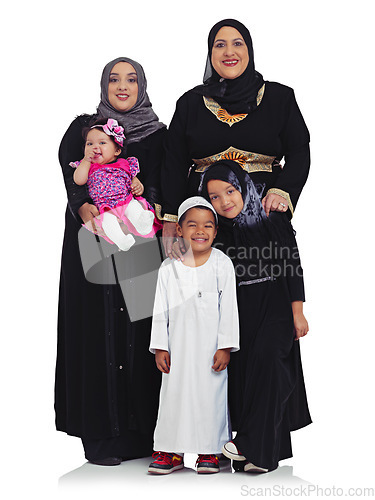 Image of Muslim family, women and children portrait together in studio with hijab clothes for Islam religion and culture. Arab mother, grandmother and kids together for eid isolated on a white background