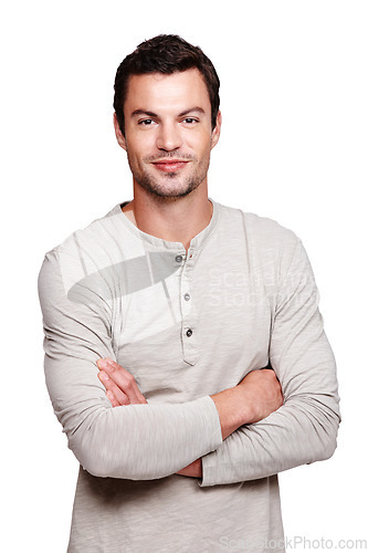 Image of Man, smile and arms crossed with mindset or vision for happy ambition, goal or profile against white studio background. Portrait of a isolated young male smiling with crossed arms on white background