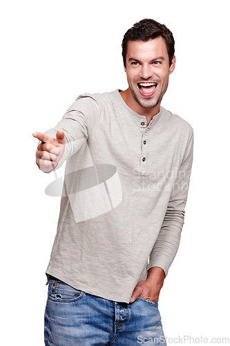 Image of Wow, man and pointing hand in direction with excited, curious and surprise expression. Happy smile of handsome model thinking of ideas with excited focus at isolated white background.