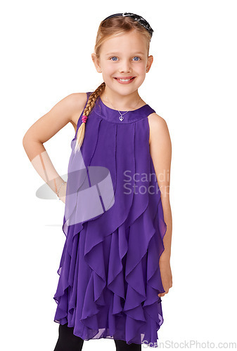 Image of Portrait, dress and young girl with smile, fashion and kid isolated on white studio background. Female child, fancy clothing and confident with happiness, comfortable outfit and youth on backdrop