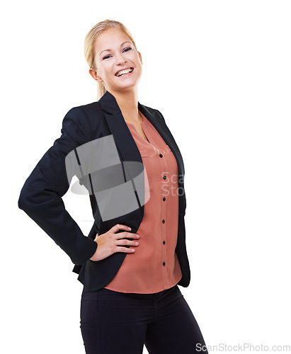 Image of Portrait, business woman and smile with white background, leadership and success in Sweden. Happy female model, entrepreneur and professional worker with motivation, happiness and trust in management