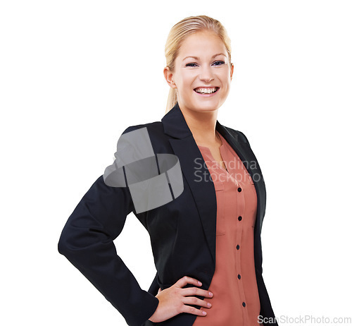 Image of Portrait, happy and business woman with white background, leadership and success in Sweden. Female model, entrepreneur and professional worker smile with motivation, happiness and trust in management