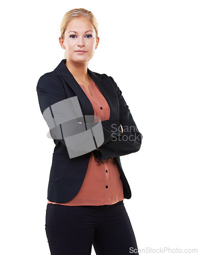 Image of Leadership, portrait and business woman with arms crossed in studio isolated on a white background mock up. Ceo, boss and face of confident female entrepreneur with vision, mission or success mindset