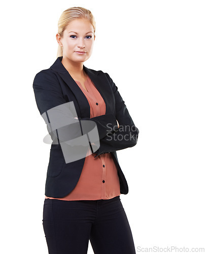 Image of Portrait, leadership and business woman with arms crossed in studio isolated on a white background mock up. Ceo, boss and face of confident female entrepreneur with vision, mission or success mindset