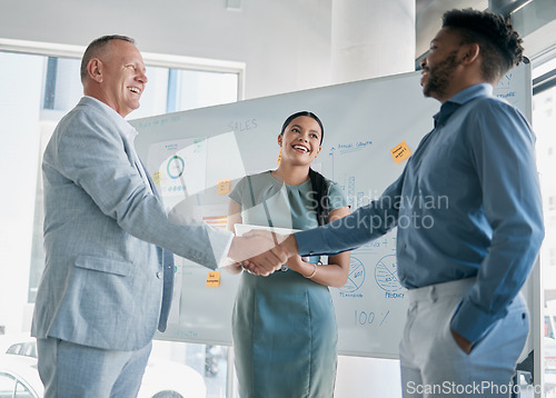 Image of Teamwork, collaboration and business people handshake for partnership, b2b or hiring contract. Welcome, thank you and group, employees or workers shaking hands for onboarding, recruitment or deal.