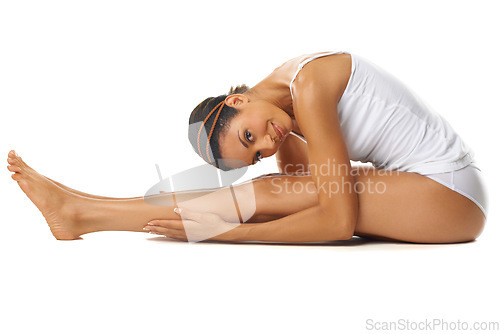Image of Woman, body and skin with stretching and fitness, wellness and yoga with skincare on white background. Portrait, body care and female in underwear with beauty, cosmetics and pilates with self care