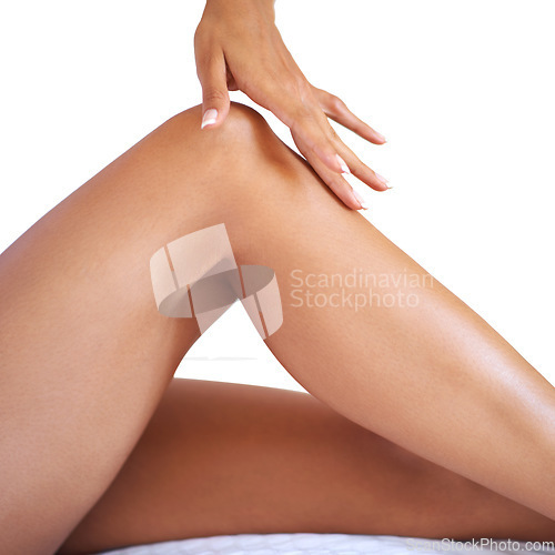 Image of Woman, touch legs and skincare for beauty, wellness and laser hair removal. Female hands, leg and healthy skin care for body cosmetics, shine and epilation of soft aesthetic, natural glow and results