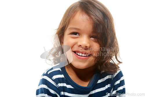 Image of Boy, child and smile of a happy kid feeling happy and calm with isolated white background. Happiness, young and young person smiling with youth, positive and cute feeling with mock up space