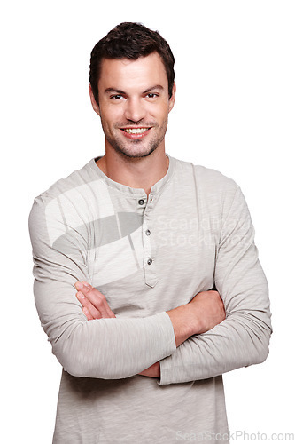 Image of Handsome man, smile and arms crossed with vision for happy ambition, goals or profile against white studio background. Portrait of a isolated young male smiling with crossed arms on white background