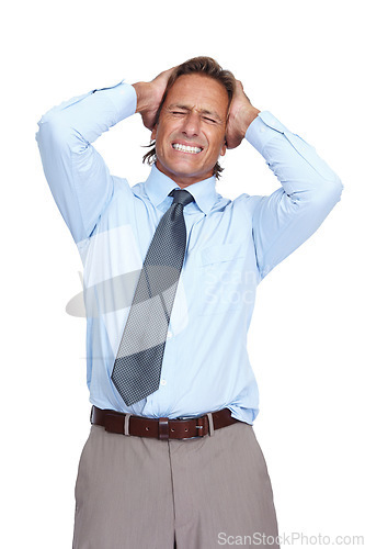 Image of Stress, burnout and anxiety headache of businessman overwhelmed with career problem or fail. Mental breakdown of depressed, frustrated and tired corporate man at isolated white background.